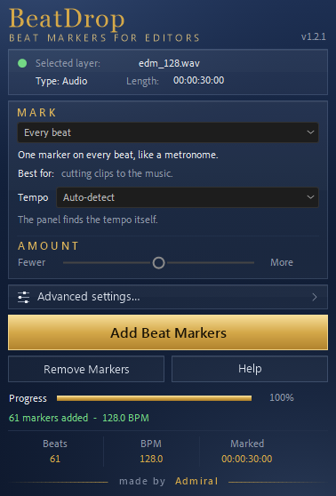 BeatDrop after a run: 61 markers added at 128 BPM