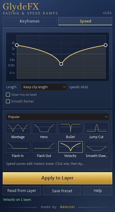 GlydeFX, Speed tab: the Velocity speed curve applied to one layer